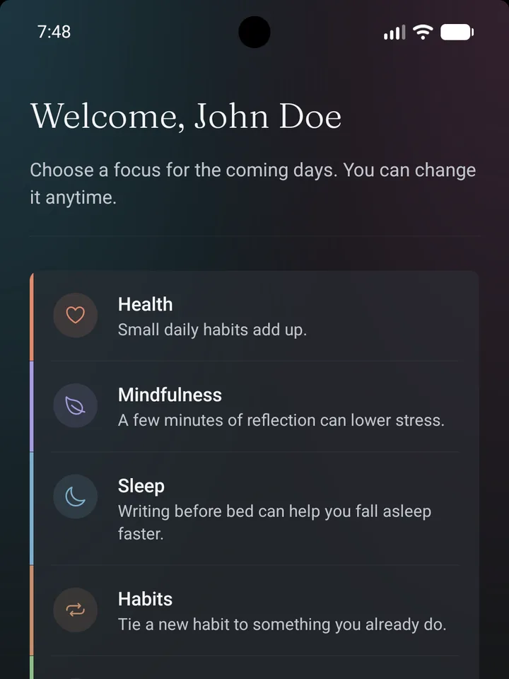 MendAI Diary goal plan: the wish, the cue and the action, with one question from the AI.