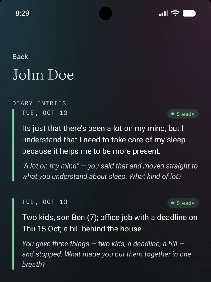 MendAI Companion screen showing a client's shared diary entries.