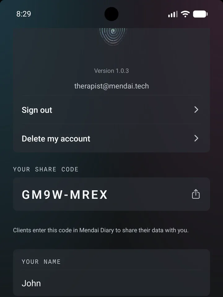 MendAI Companion screen with the code a client enters in Diary to link.